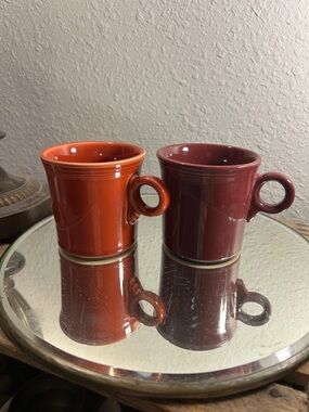 Orange and Burgundy Stoneware Coffee Mugs set - Home Dining Fiesta